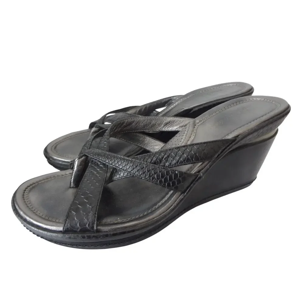 Cole Haan Black Leather Snakeskin embossed Strappy Wedge Sandals Slip on 9.5B
